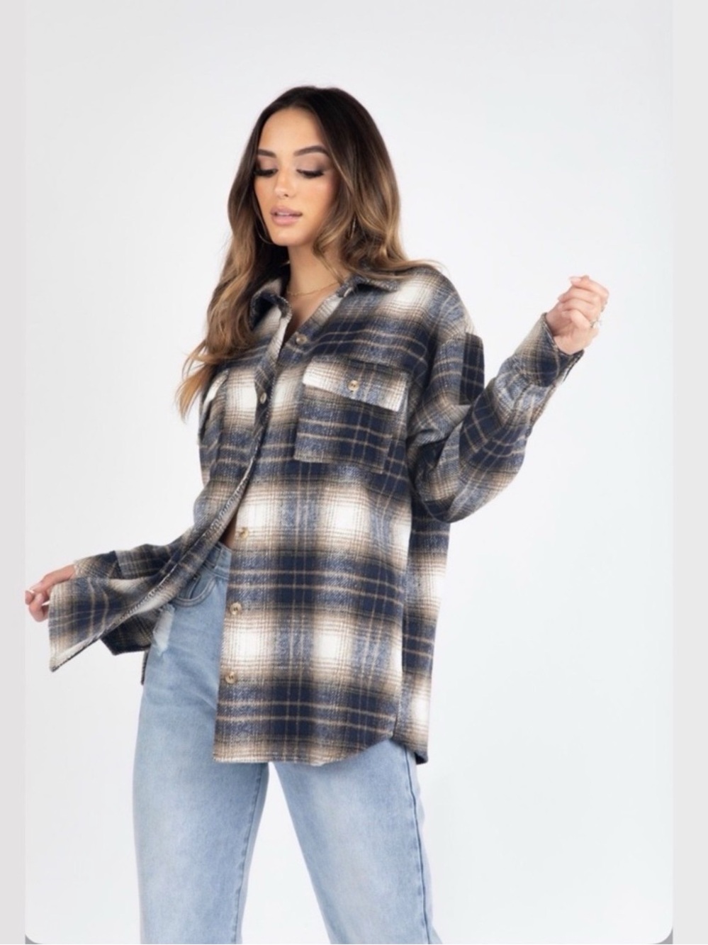 Kittenish Plaid Shacket in Navy, Cream, Brown